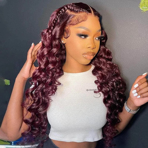 Junoda Burgundy Red Loose Wave Lace Front Wig 4x4 13x4 99J Colored Long Human Hair Wigs junoda