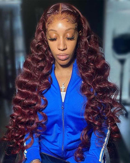 Junoda Burgundy Red Loose Wave Lace Front Wig 4x4 13x4 99J Colored Long Human Hair Wigs junoda