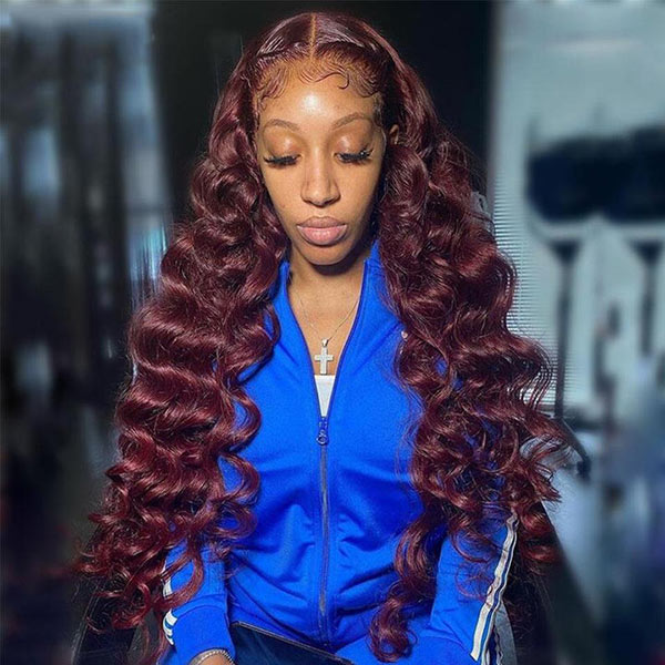 Junoda Burgundy Red Loose Wave Lace Front Wig 4x4 13x4 99J Colored Long Human Hair Wigs junoda