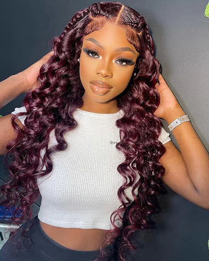 Junoda Burgundy Red Loose Wave Lace Front Wig 4x4 13x4 99J Colored Long Human Hair Wigs junoda