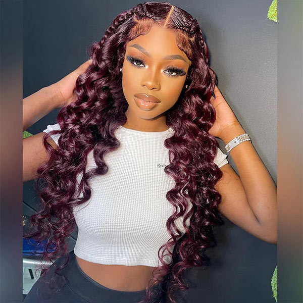 Junoda Burgundy Red Loose Wave Lace Front Wig 4x4 13x4 99J Colored Long Human Hair Wigs junoda