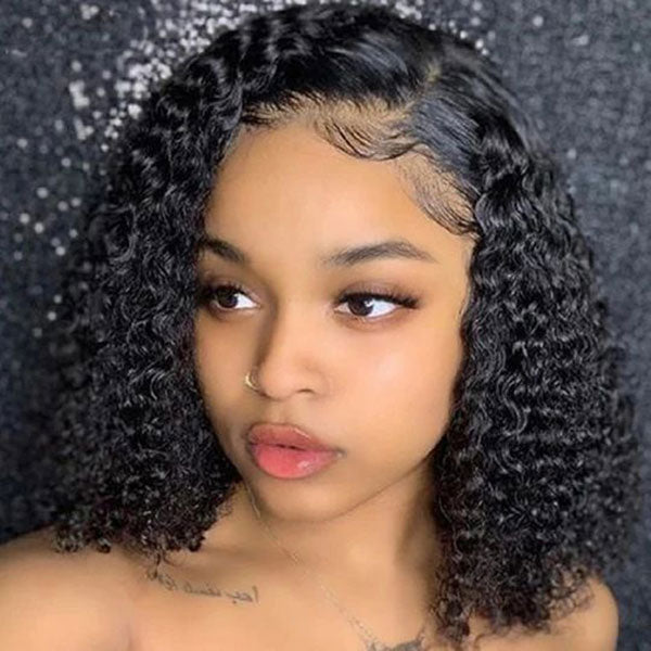 Junoda C-Shaped Side Part Jerry Curly Short Human Hair Bob Lace Wig junoda
