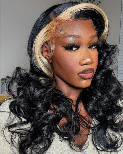 Junoda Caramel Honey Blonde Skunk Stripe Hair Body Wave Lace Front Wig TikTok junoda