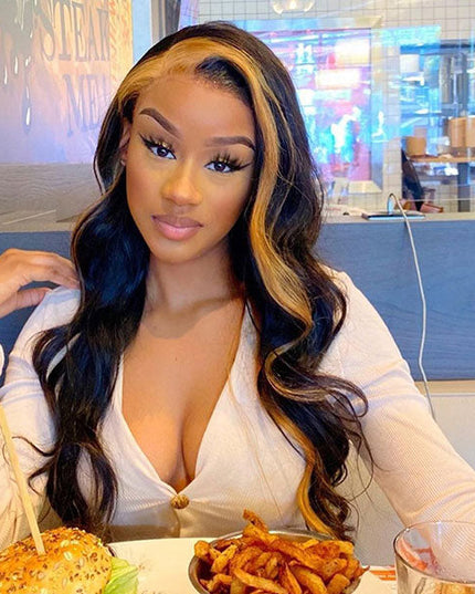 Junoda Caramel Honey Blonde Skunk Stripe Hair Body Wave Lace Front Wig TikTok junoda