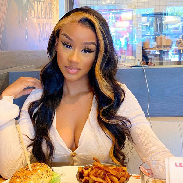 Junoda Caramel Honey Blonde Skunk Stripe Hair Body Wave Lace Front Wig TikTok junoda