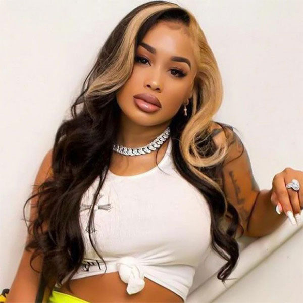 Junoda Caramel Honey Blonde Skunk Stripe Hair Body Wave Lace Front Wig TikTok junoda