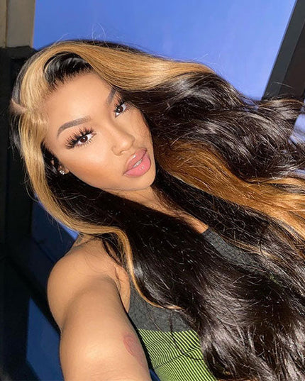 Junoda Caramel Honey Blonde Skunk Stripe Hair Body Wave Lace Front Wig TikTok junoda
