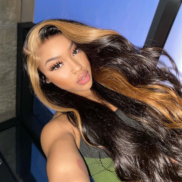 Junoda Caramel Honey Blonde Skunk Stripe Hair Body Wave Lace Front Wig TikTok junoda
