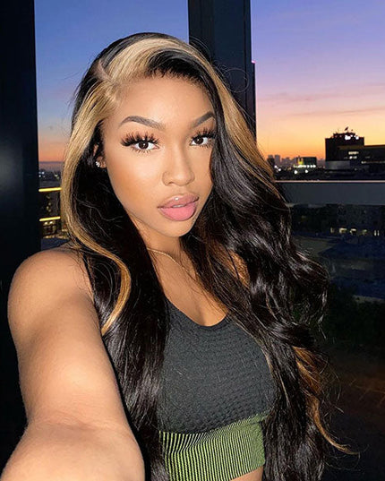 Junoda Caramel Honey Blonde Skunk Stripe Hair Body Wave Lace Front Wig TikTok junoda