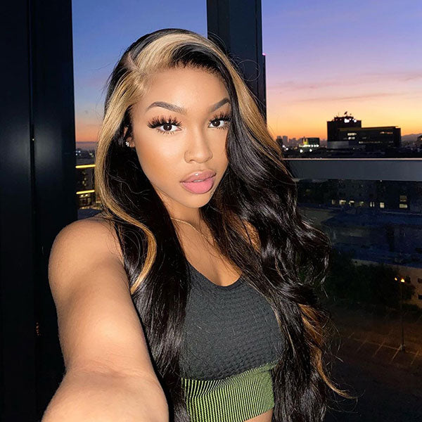 Junoda Caramel Honey Blonde Skunk Stripe Hair Body Wave Lace Front Wig TikTok junoda