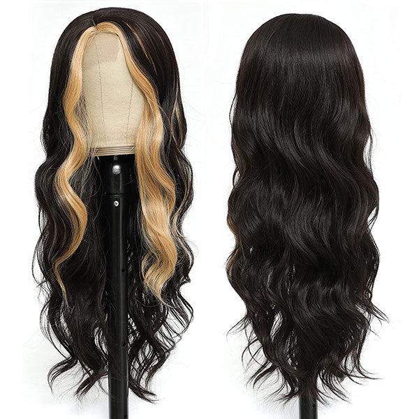 Junoda Caramel Honey Blonde Skunk Stripe Hair Body Wave Lace Front Wig TikTok junoda