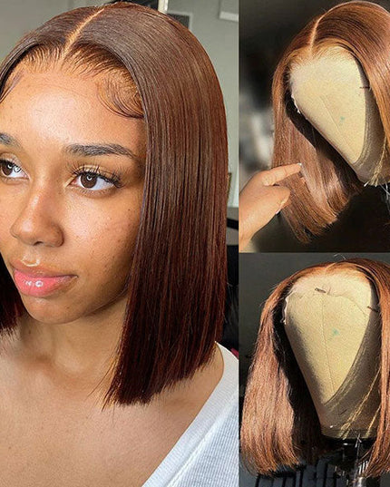 Junoda Chocolate Brown Blunt Cut Colored 2x6 Human Hair Wigs Straight Short Bob Wig junoda