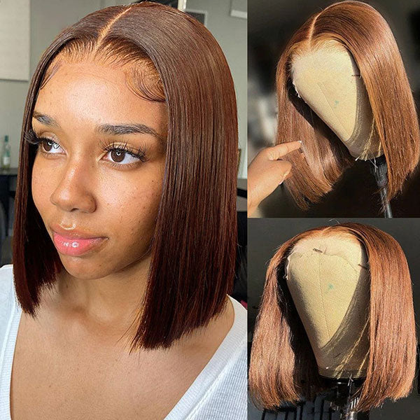 Junoda Chocolate Brown Blunt Cut Colored 2x6 Human Hair Wigs Straight Short Bob Wig junoda