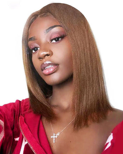 Junoda Chocolate Brown Blunt Cut Colored 2x6 Human Hair Wigs Straight Short Bob Wig junoda