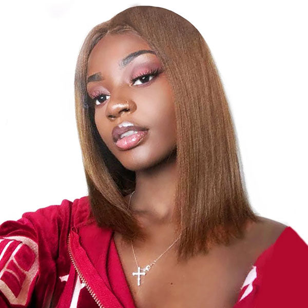 Junoda Chocolate Brown Blunt Cut Colored 2x6 Human Hair Wigs Straight Short Bob Wig junoda