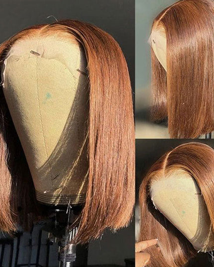 Junoda Chocolate Brown Blunt Cut Colored 2x6 Human Hair Wigs Straight Short Bob Wig junoda
