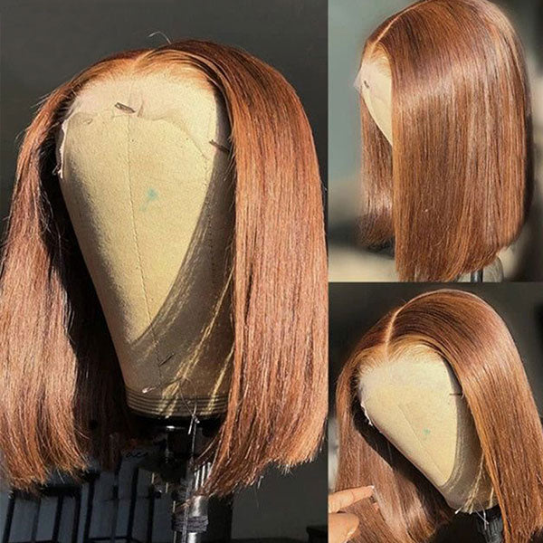 Junoda Chocolate Brown Blunt Cut Colored 2x6 Human Hair Wigs Straight Short Bob Wig junoda