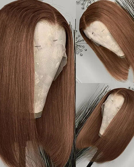 Junoda Chocolate Brown Blunt Cut Colored 2x6 Human Hair Wigs Straight Short Bob Wig junoda