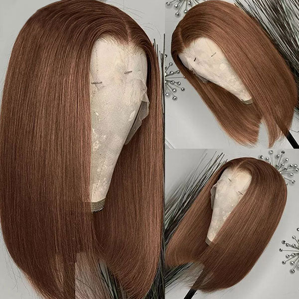 Junoda Chocolate Brown Blunt Cut Colored 2x6 Human Hair Wigs Straight Short Bob Wig junoda
