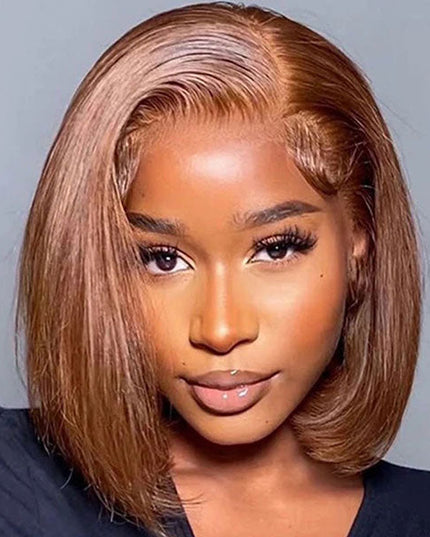 Junoda Chocolate Brown Blunt Cut Colored 2x6 Human Hair Wigs Straight Short Bob Wig junoda