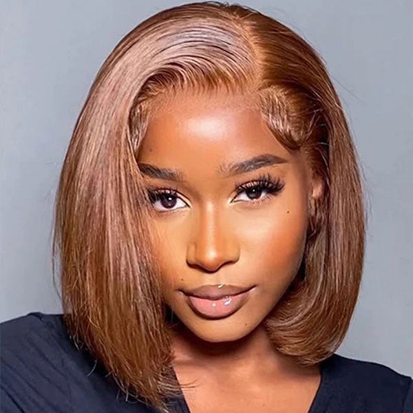 Junoda Chocolate Brown Blunt Cut Colored 2x6 Human Hair Wigs Straight Short Bob Wig junoda