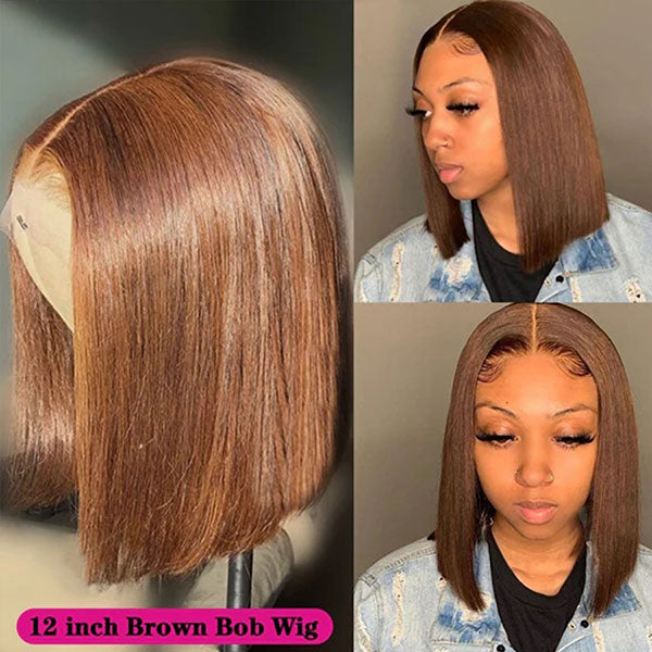 Junoda Chocolate Brown Blunt Cut Colored 2x6 Human Hair Wigs Straight Short Bob Wig junoda