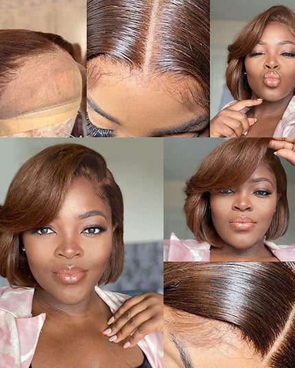 Junoda Chocolate Brown Blunt Cut Colored 2x6 Human Hair Wigs Straight Short Bob Wig junoda