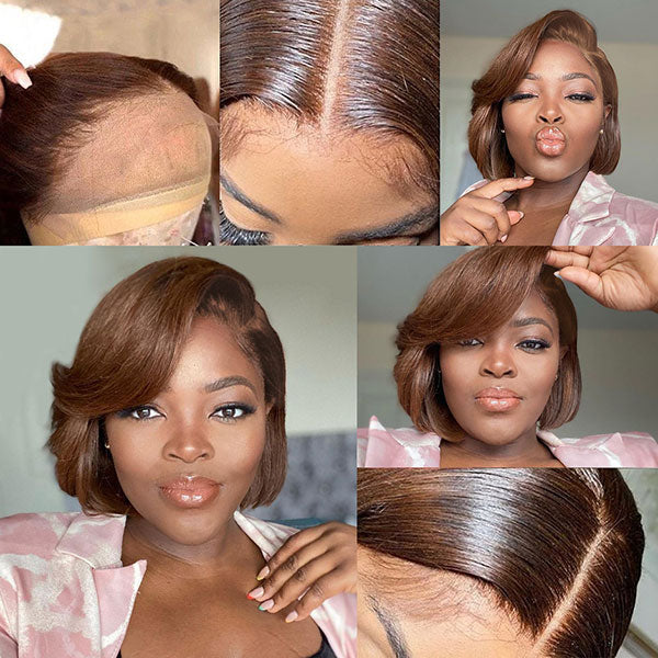 Junoda Chocolate Brown Blunt Cut Colored 2x6 Human Hair Wigs Straight Short Bob Wig junoda