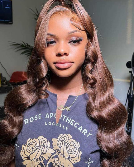 Junoda Chocolate Brown Body Wave Human Hair Wig Color 4 Chestnut Brown Frontal Wig junoda