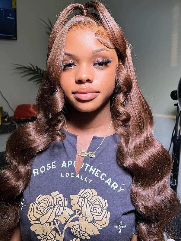 Junoda Chocolate Brown Body Wave Human Hair Wig Color 4 Chestnut Brown Frontal Wig junoda