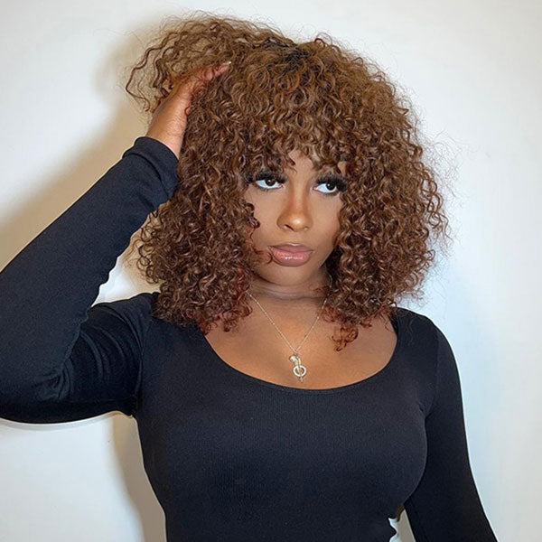 Junoda Chocolate Brown Short Curly Bob Wig with Bangs Fringe Human Hair Wigs junoda