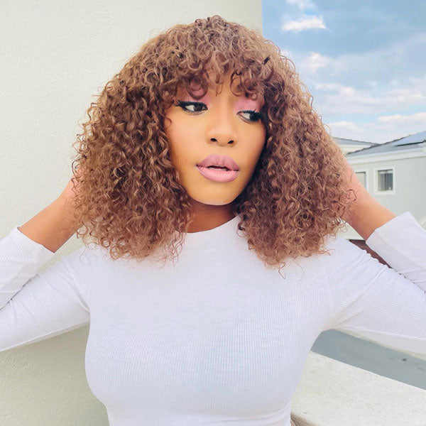 Junoda Chocolate Brown Short Curly Bob Wig with Bangs Fringe Human Hair Wigs junoda