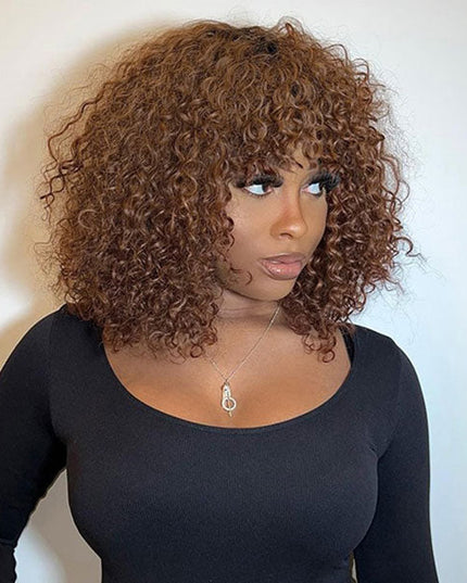 Junoda Chocolate Brown Short Curly Bob Wig with Bangs Fringe Human Hair Wigs junoda