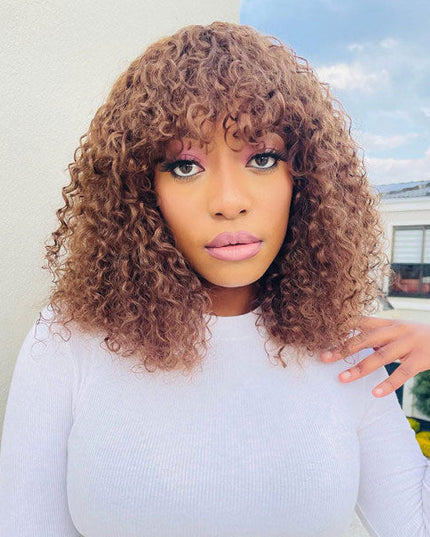 Junoda Chocolate Brown Short Curly Bob Wig with Bangs Fringe Human Hair Wigs junoda