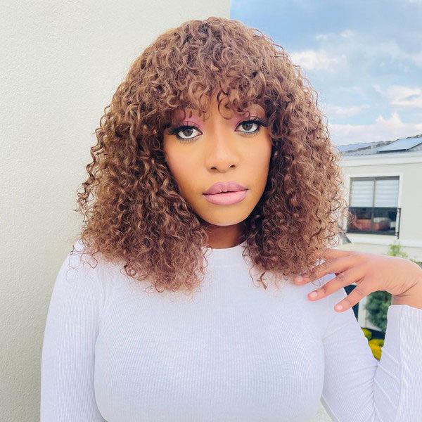 Junoda Chocolate Brown Short Curly Bob Wig with Bangs Fringe Human Hair Wigs junoda