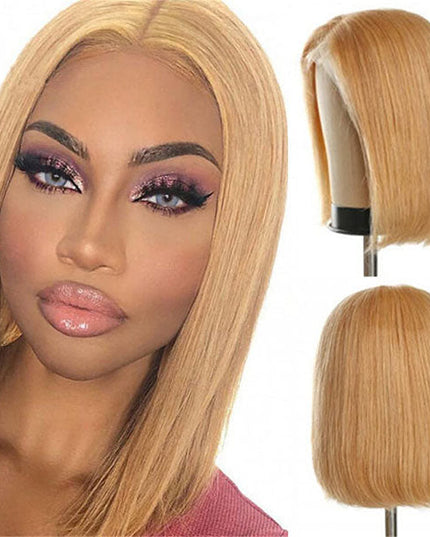 Junoda Color 27 Straight Bob Wig Caramel Blonde Blunt Cut Short Human Hair Lace Wig junoda