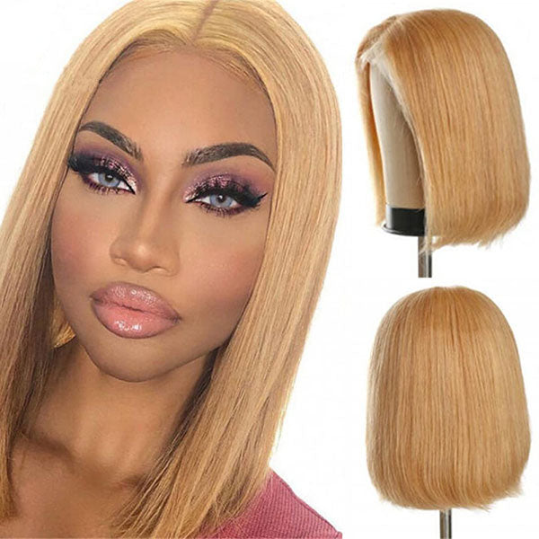 Junoda Color 27 Straight Bob Wig Caramel Blonde Blunt Cut Short Human Hair Lace Wig junoda