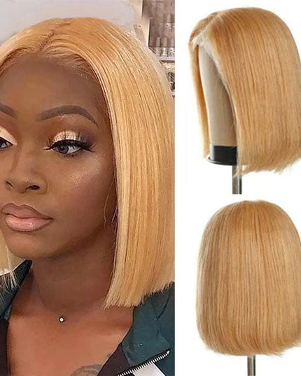 Junoda Color 27 Straight Bob Wig Caramel Blonde Blunt Cut Short Human Hair Lace Wig junoda