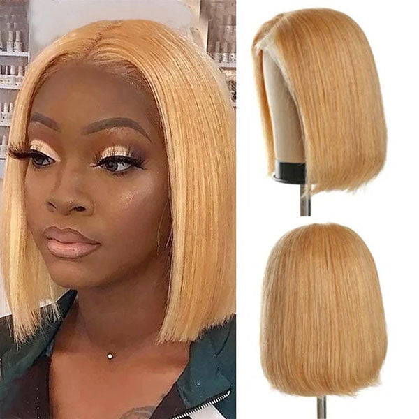 Junoda Color 27 Straight Bob Wig Caramel Blonde Blunt Cut Short Human Hair Lace Wig junoda