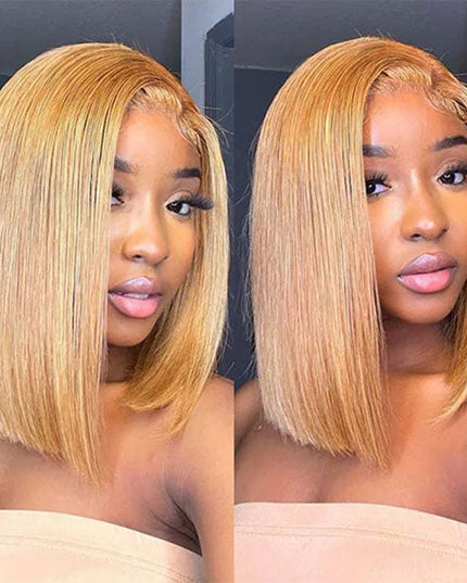 Junoda Color 27 Straight Bob Wig Caramel Blonde Blunt Cut Short Human Hair Lace Wig junoda