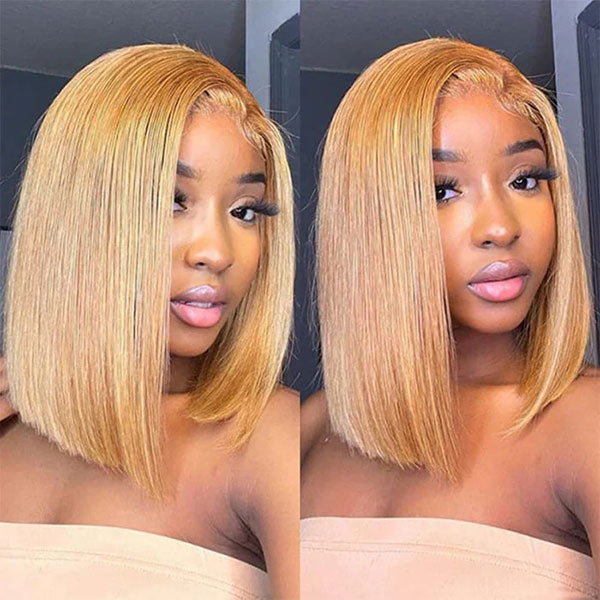 Junoda Color 27 Straight Bob Wig Caramel Blonde Blunt Cut Short Human Hair Lace Wig junoda