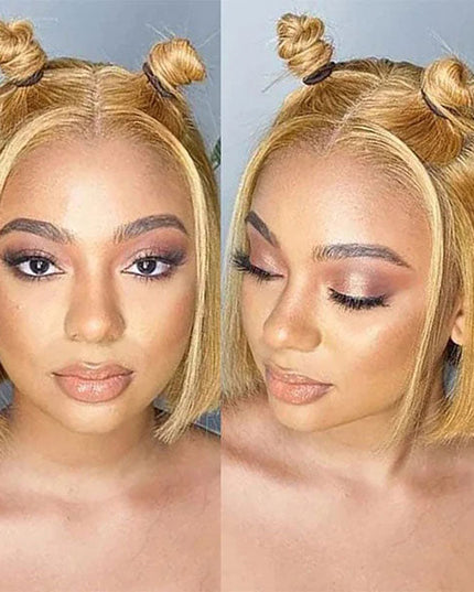 Junoda Color 27 Straight Bob Wig Caramel Blonde Blunt Cut Short Human Hair Lace Wig junoda