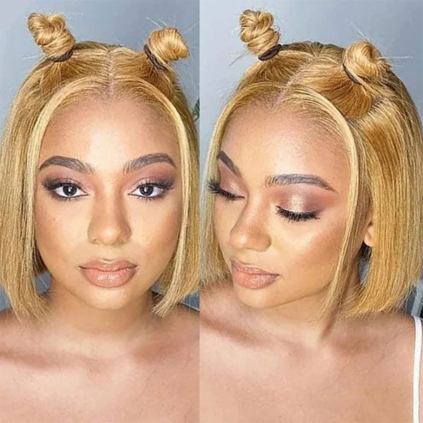 Junoda Color 27 Straight Bob Wig Caramel Blonde Blunt Cut Short Human Hair Lace Wig junoda