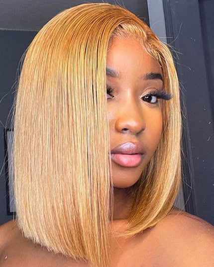 Junoda Color 27 Straight Bob Wig Caramel Blonde Blunt Cut Short Human Hair Lace Wig junoda