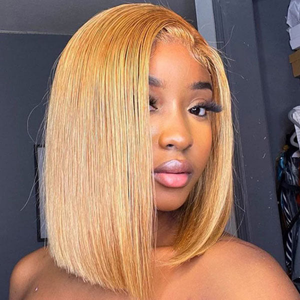 Junoda Color 27 Straight Bob Wig Caramel Blonde Blunt Cut Short Human Hair Lace Wig junoda