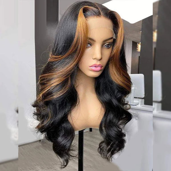 Junoda Color 30 Skunk Stripe Highlight Honey Brown High Density Body Wave Human Hair Wigs junoda