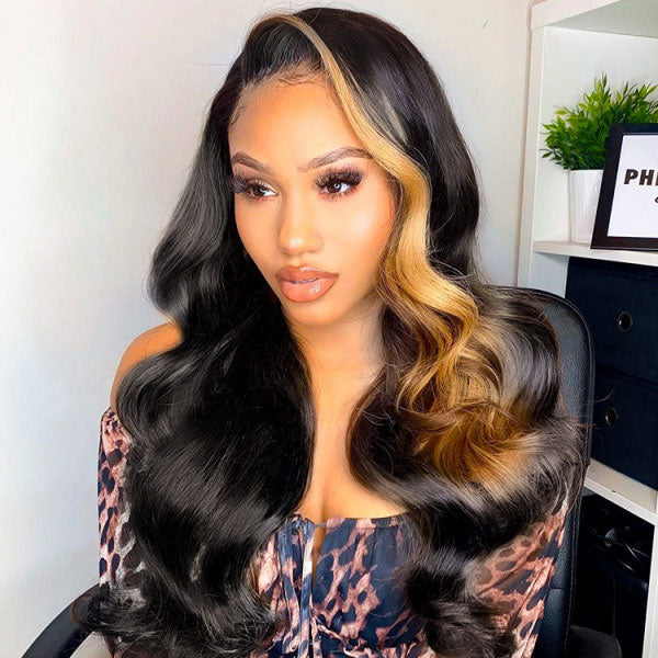 Junoda Color 30 Skunk Stripe Highlight Honey Brown High Density Body Wave Human Hair Wigs junoda