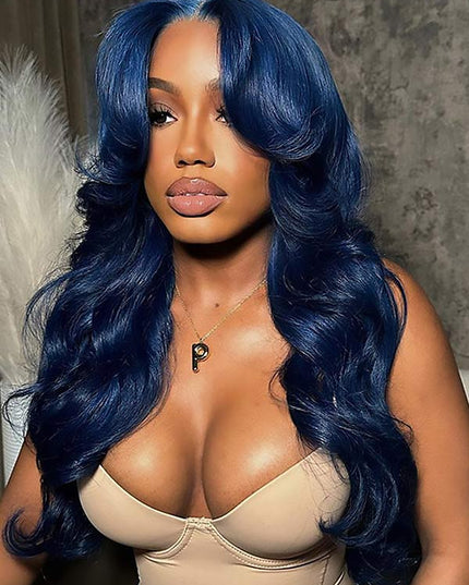 Junoda Curtain Bangs Body Wave Human Hair Wig Gorgeous Blue 13x4 Lace Front Wig junoda
