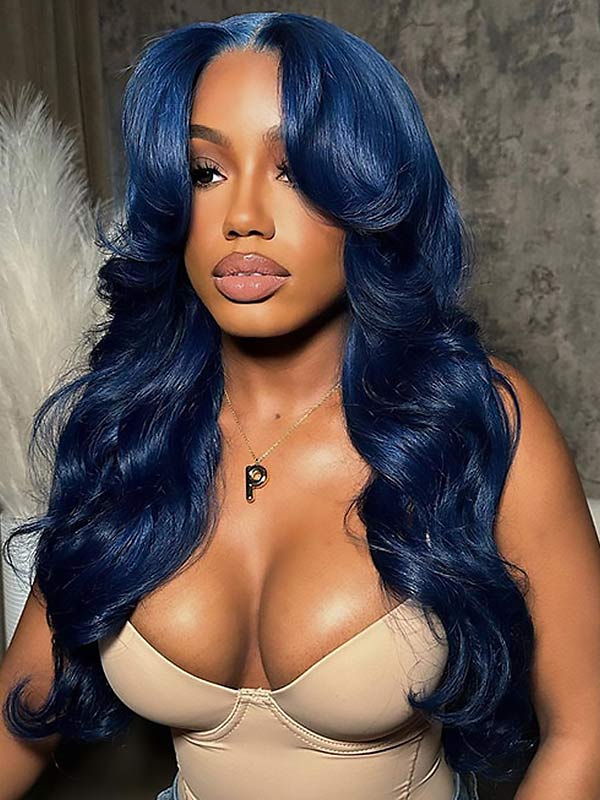 Junoda Curtain Bangs Body Wave Human Hair Wig Gorgeous Blue 13x4 Lace Front Wig junoda