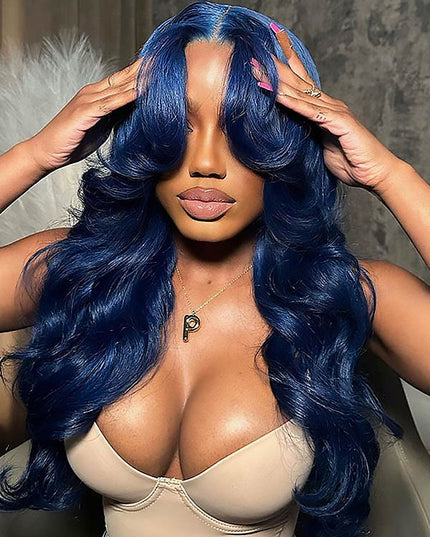Junoda Curtain Bangs Body Wave Human Hair Wig Gorgeous Blue 13x4 Lace Front Wig junoda
